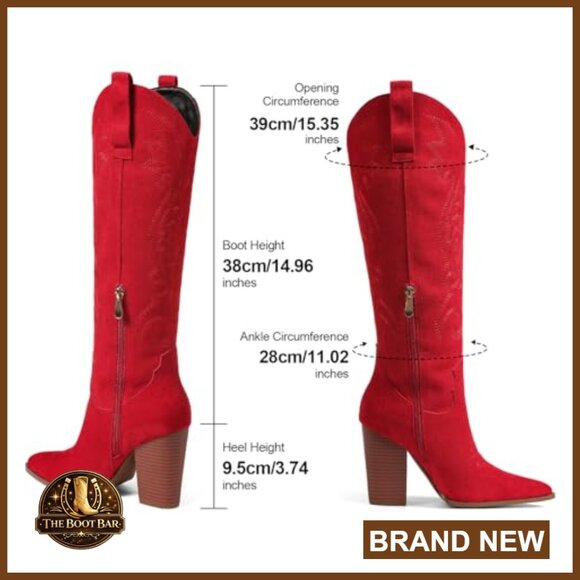 Knee High Cowboy Boots Pointed Toe Chunky Heels Pull-on Embroidered Western - Picture 5 of 7